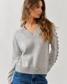 MAS2843 POMPOM SLEEVE V NECK SWEATER