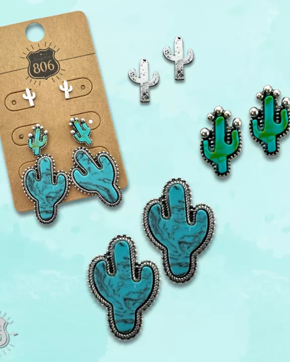 Turquoise and silver cactus earring set