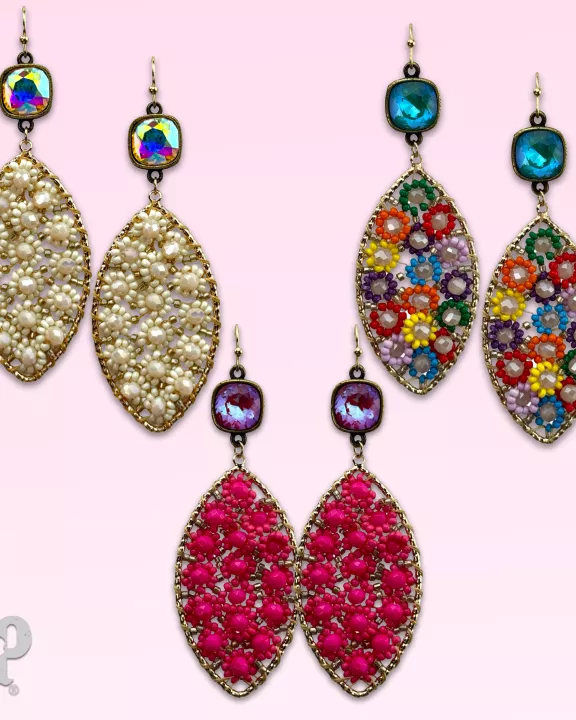 Woven flower bead diamond shape earring