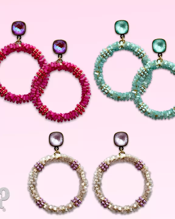 Seed and tube bead circle earring with Austrian crystal