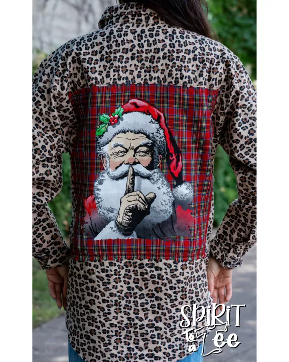 Believe Santa Patch on an Animal Print Flannel