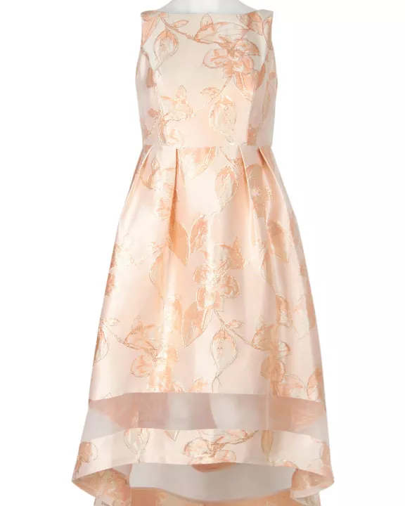 Adrianna Papell Boat Neck Sleeveless Pleated Zipper Back High Low Jacquard Dress (Plus Size)