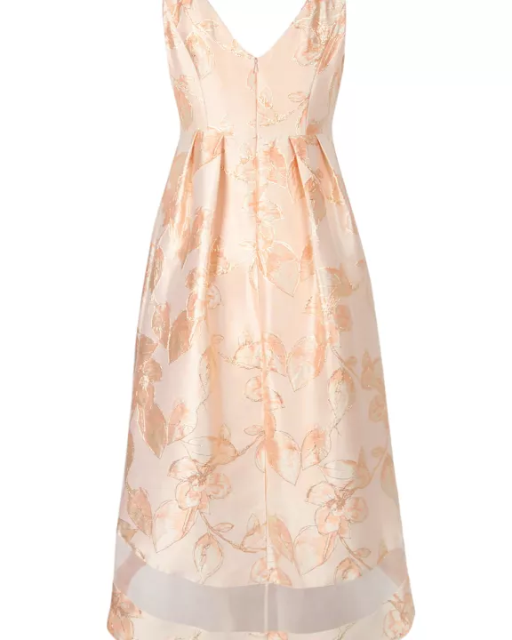 Adrianna Papell Boat Neck Sleeveless Pleated Zipper Back High Low Jacquard Dress (Plus Size)