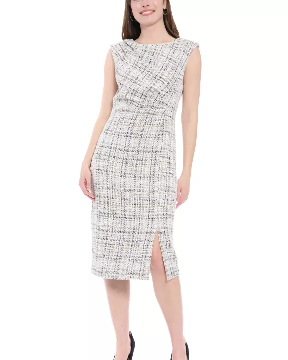 SIDE RUCHED TWEED MIDI DRESS