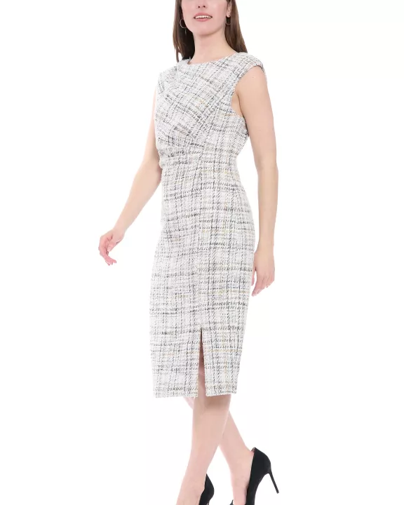 SIDE RUCHED TWEED MIDI DRESS