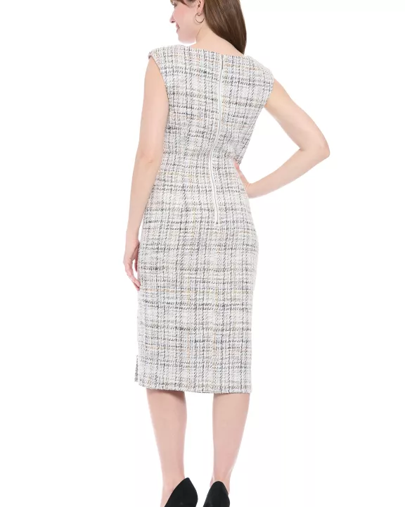 SIDE RUCHED TWEED MIDI DRESS