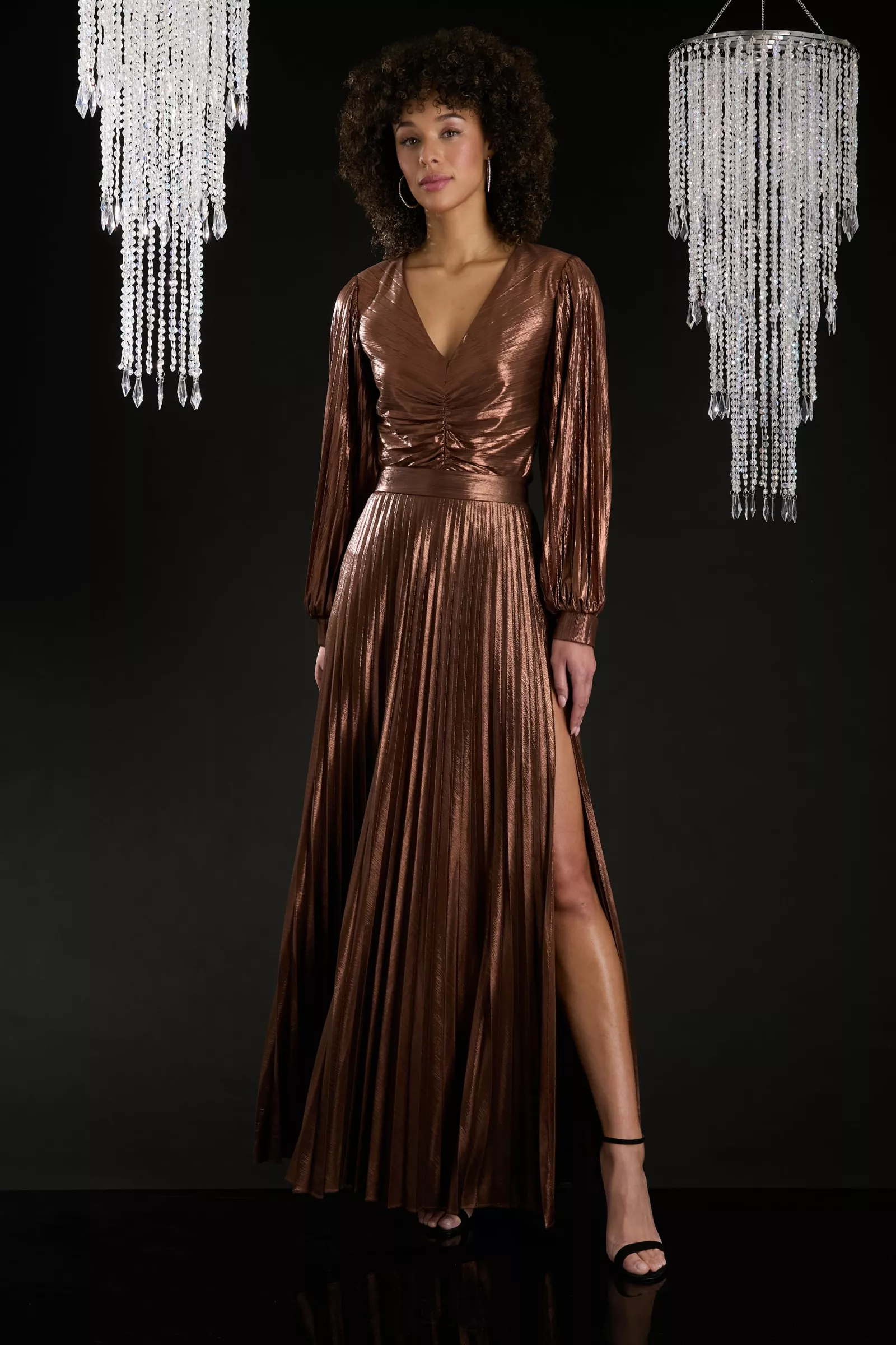 ELASTIC WAIST SUNBURST PLEATED MAXI SKIRT WITH SLIT