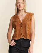 PLUS SIZE SUEDE VEST WITH LACE TRIM