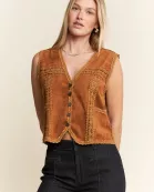 PLUS SIZE SUEDE VEST WITH LACE TRIM