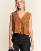PLUS SIZE SUEDE VEST WITH LACE TRIM