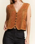PLUS SIZE SUEDE VEST WITH LACE TRIM