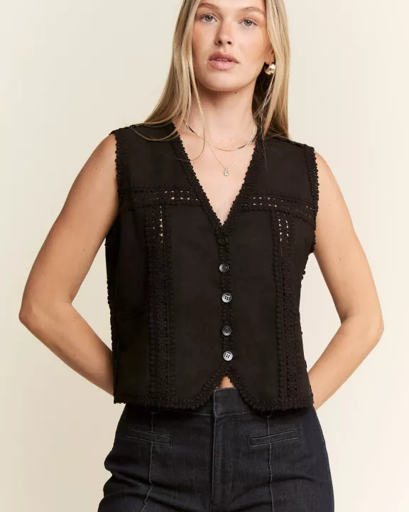 SUEDE VEST WITH LACE TRIM