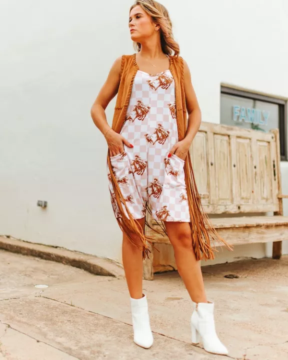 Pink Checkered Cowboy Printed Romper W Front Pockets