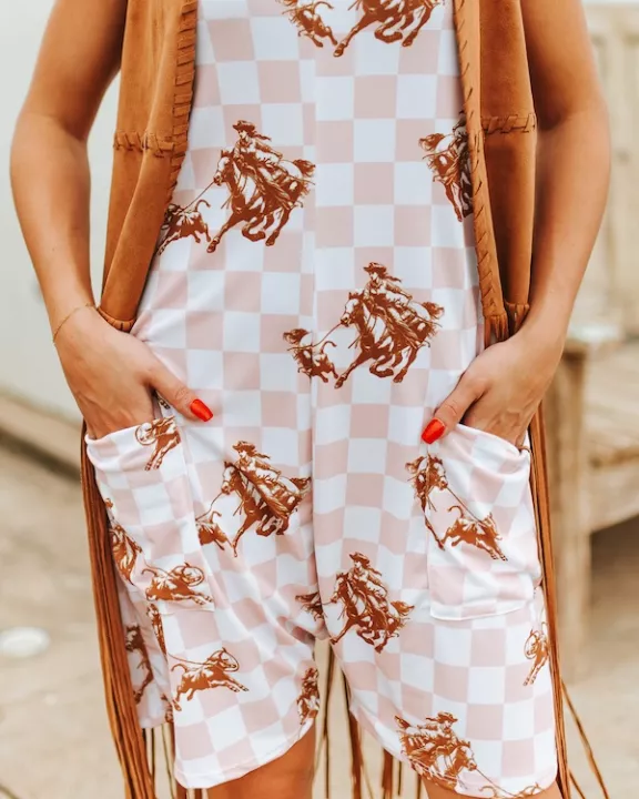 Pink Checkered Cowboy Printed Romper W Front Pockets