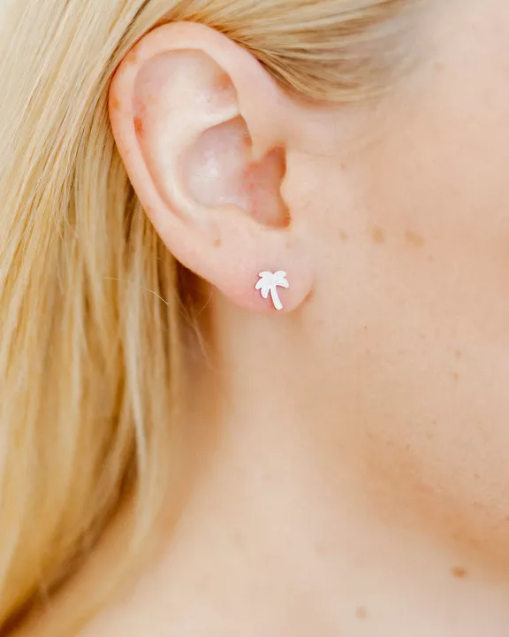 Screwback Stud Earrings - Palm Tree Silver