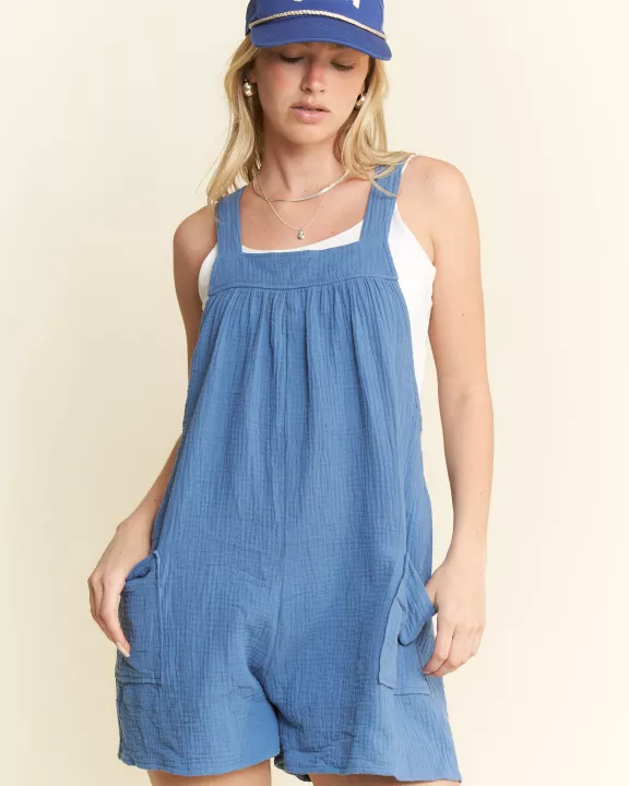 PLUS SIZE GAUZE SQUARE NECK WIDE LEG ROMPER
