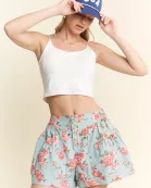FLORAL PRINT DENIM SHORT PANTS