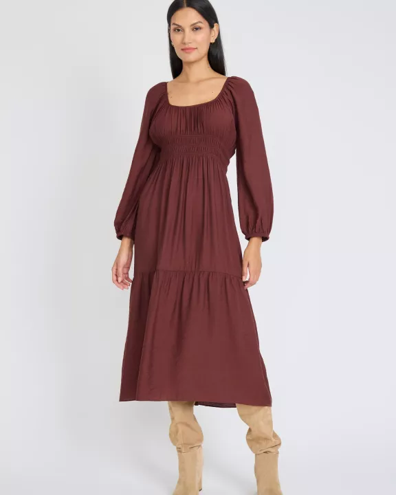 LONG SLEEVE MIDI WITH SMOCKED WAIST