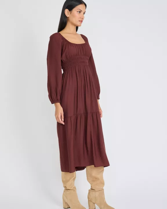 LONG SLEEVE MIDI WITH SMOCKED WAIST