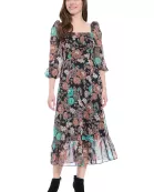BISHOP SLEEVE RUCHED EMPIRE SMOCKED BACK MIDI DRESS