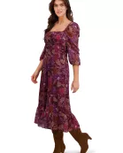 BISHOP SLEEVE RUCHED EMPIRE SMOCKED BACK MIDI DRESS