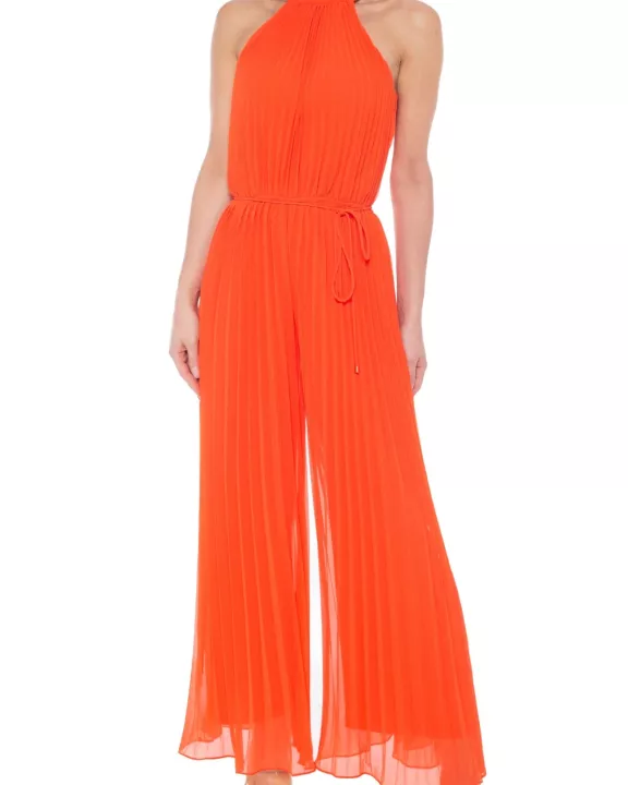 Marina Halter Neckline Sleeveless Cutaway Shoulders Keyhole Button Closure Back Wide Leg Jumpsuit Dress