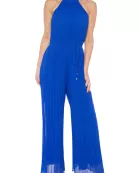 Marina Halter Neckline Sleeveless Cutaway Shoulders Keyhole Button Closure Back Wide Leg Jumpsuit Dress