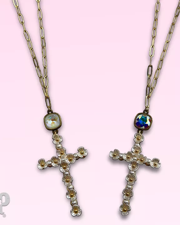 Flower cross necklace with Austrian crystal