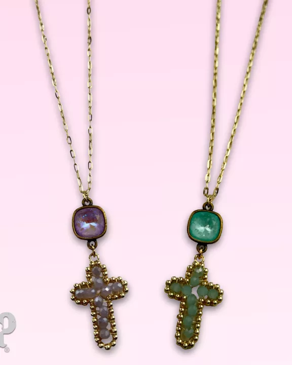 Wire wrapped bead cross necklace with Austrian crystal