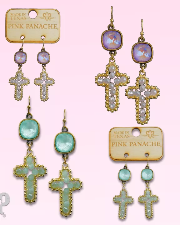 Wire wrapped bead cross earring with Austrian crystal