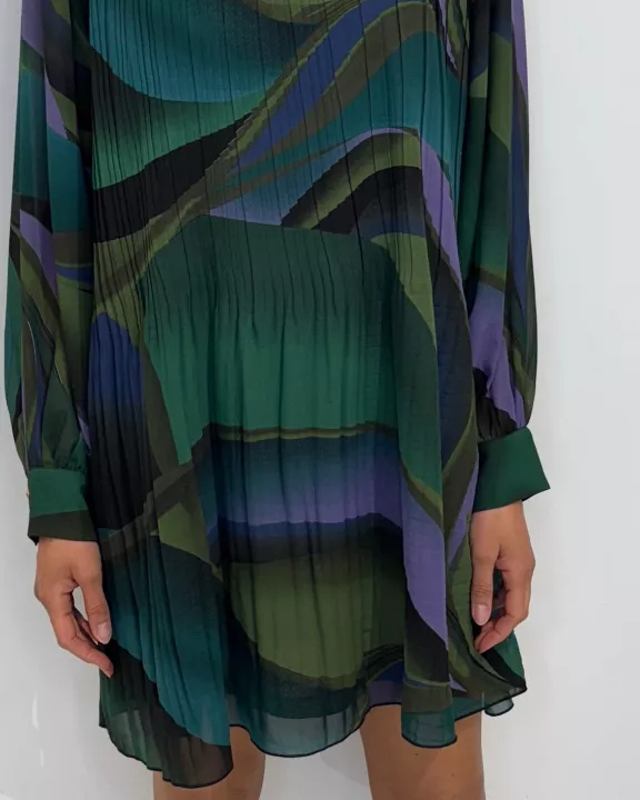 TIE BACK BISHOP SLEEVE PLEATED A-LINE DRESS