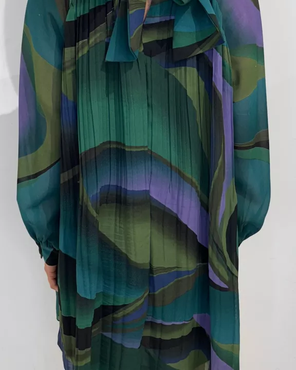 TIE BACK BISHOP SLEEVE PLEATED A-LINE DRESS