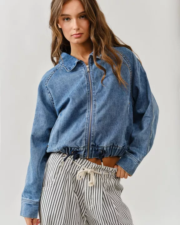 AJJ5009 DENIM BALLOON JACKET WITH WAIST DRAWSTRINGS