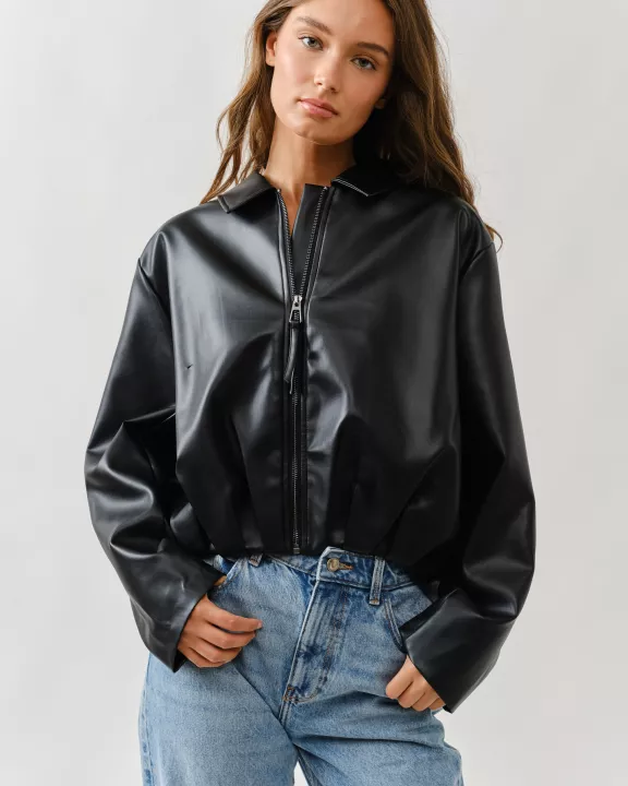 AJJ5010 OVERSIZED VEGAN LEATHER BOMBER JACKET