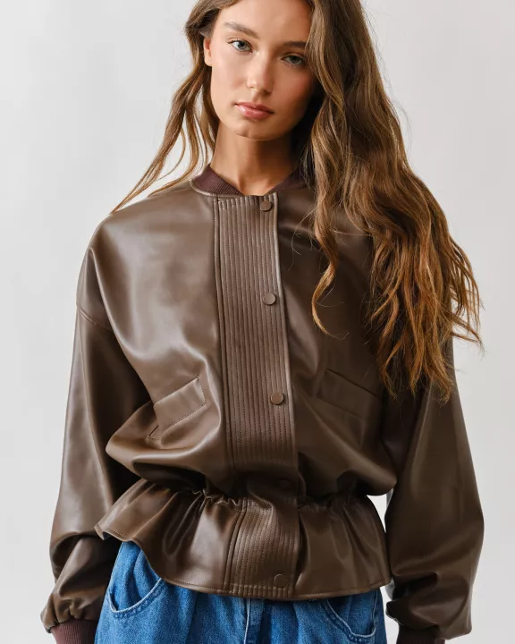 AJJ5037 RELAXED FIT DRAWSTRING VEGAN LEATEHR JACKET