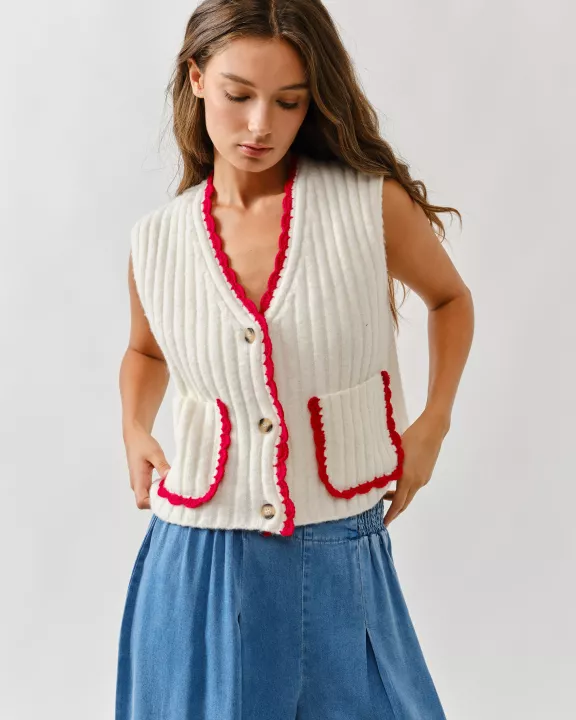 AJT5071 CONTRAST BINDING WIDE RIB SWEATER VEST
