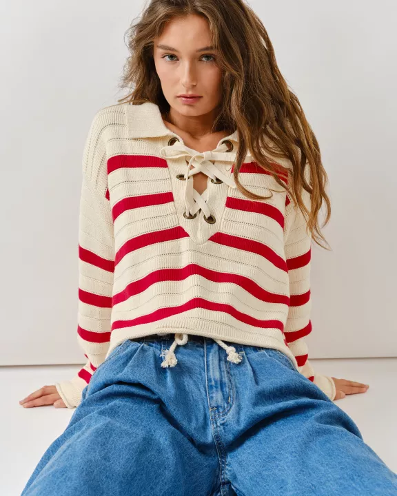 AJT5089 LACE UP RELEXED FIT STRIPE SWEATER