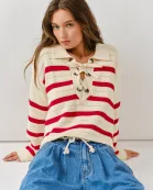 AJT5089 LACE UP RELEXED FIT STRIPE SWEATER