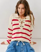 AJT5089 LACE UP RELEXED FIT STRIPE SWEATER