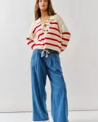 AJT5089 LACE UP RELEXED FIT STRIPE SWEATER