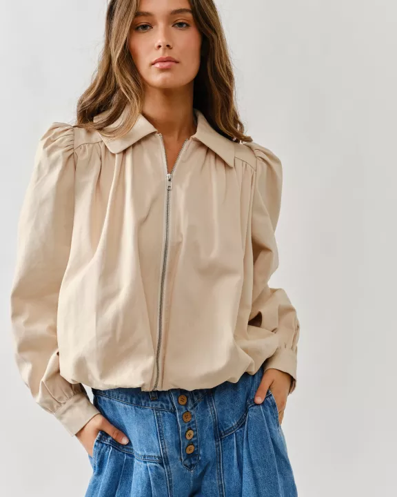 AJJ5090 LOVELY SHIRRING BUBBLE BOMBER JACKET