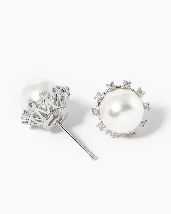 White Gold Dipped 8mm Pearl With CZ Stones Post Stud