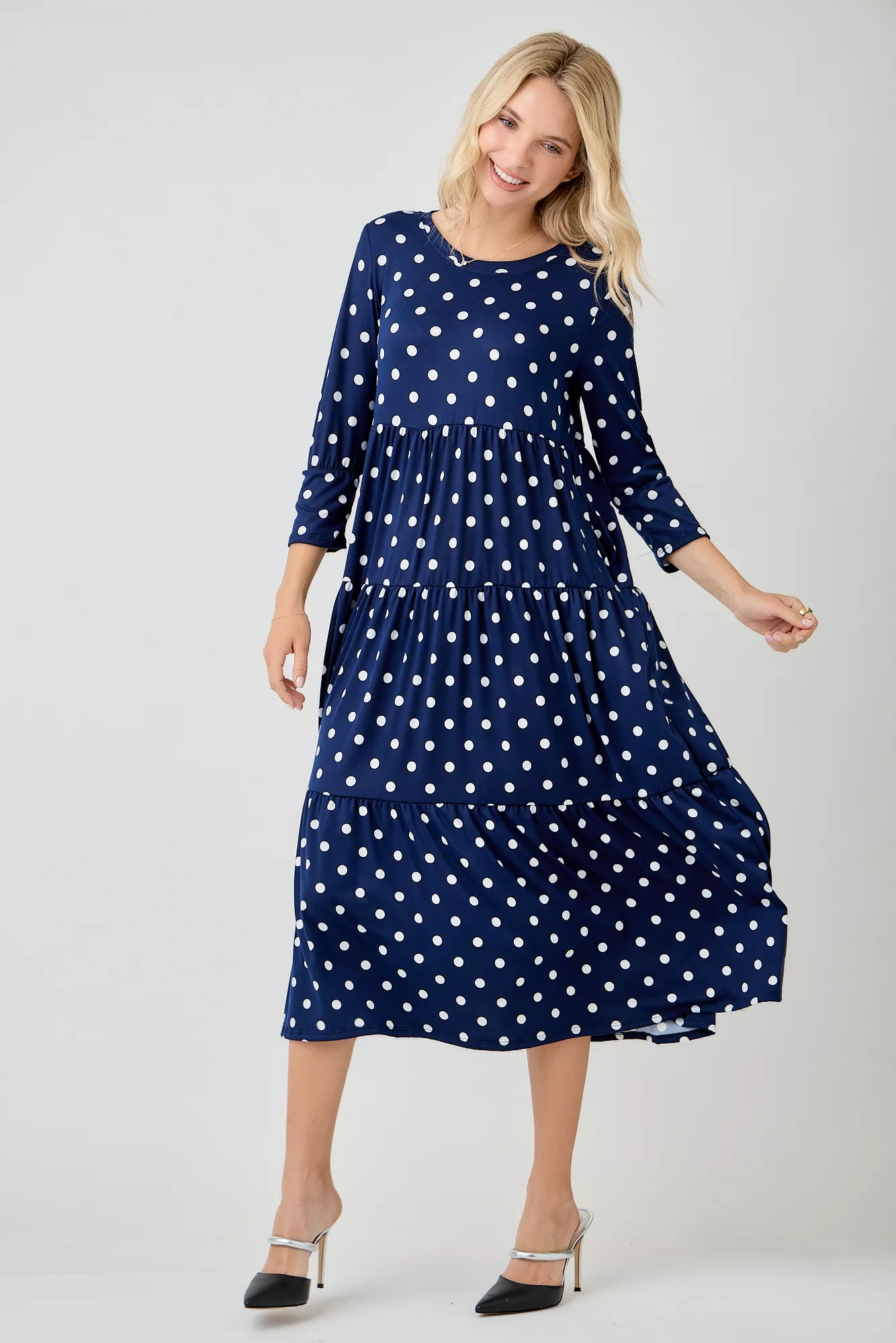 PLUS SIZE NAVY AND IVORY POLKA DOT TIERED MAXI DRESS -MD13235C-PL