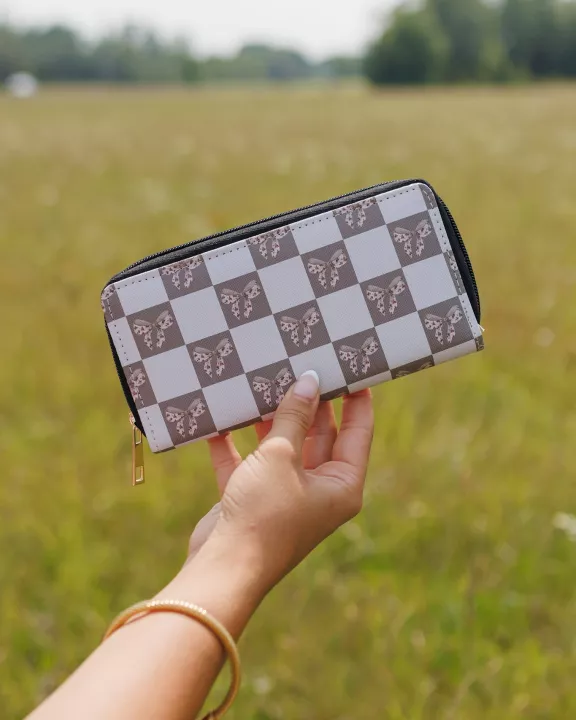 Beige Bow Checkerboard Wallet