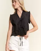 PLUS SIZE SLEEVELESS RUFFLE FRONT TIE TOP