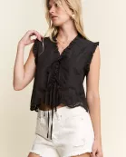 PLUS SIZE SLEEVELESS RUFFLE FRONT TIE TOP