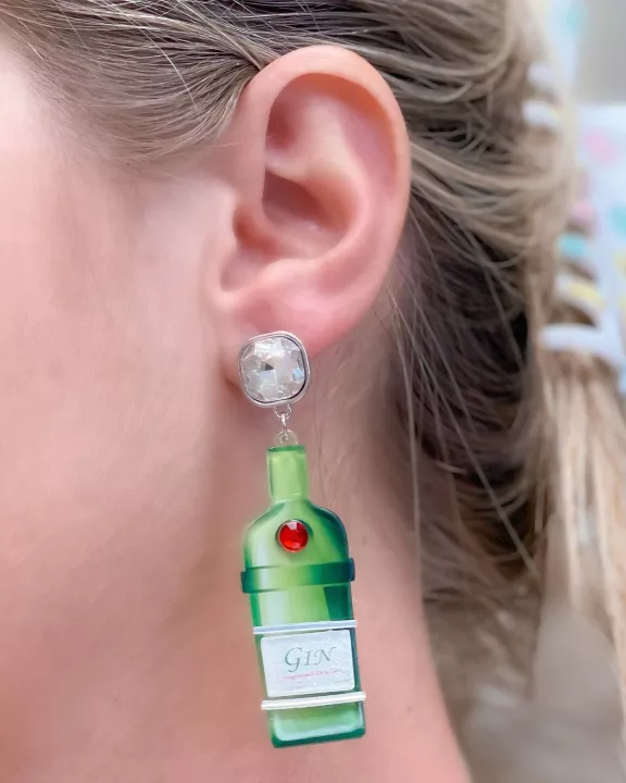 Boozy Bottle Crystal Dangle Earrings - Gin