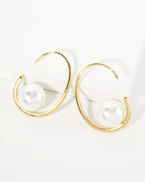 Pearl In The Center 14K-Gold-Dipped 25mm Sleek Hoop Earrings