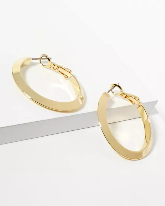 30mm Polished 14K-Gold-Dipped Brass Latch-Back Angled Hoop Earrings