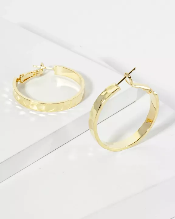 30mm Hammered-Texture 14K-Gold-Dipped Latch Back Chunky Hoop Earrings